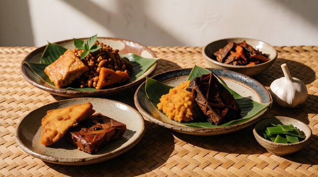 Traditional Indonesian tempe and fermented food dishes on woven mat