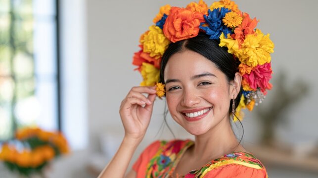 Young woman wearing traditional Mexican attire with vibrant floral headpiece smiles while holding a flower, decorated for Dia de los Muertos celebration in a bright indoor setting