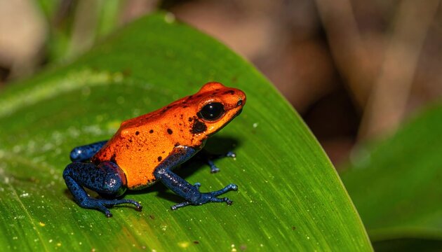 Red and blue strawberry poison dart frog resting on a leaf with vivid colors for tropical wildlife conservation