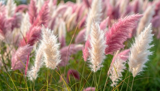 Tall ornamental grass with fluffy white and pink plumes swaying gently in the wind