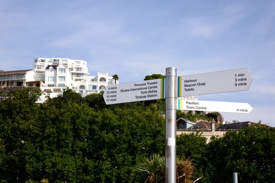 Signpost for tourist attractions, Torquay, Devon, UK, Europe.