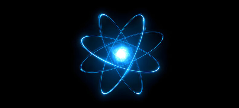 The atomic structure background for a scientific research presentation or cover can be futuristic and glowing, featuring a blue elliptical ring circling a radiant central core on a black backdrop. It 