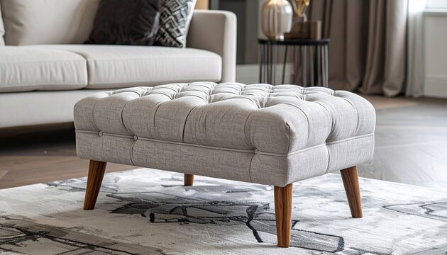 Tufted ottoman with wooden legs in an elegant contemporary interior