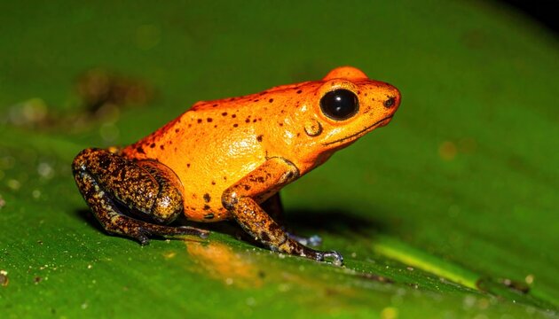 Small orange poison dart frog with detailed skin texture, tropical rainforest macro wildlife