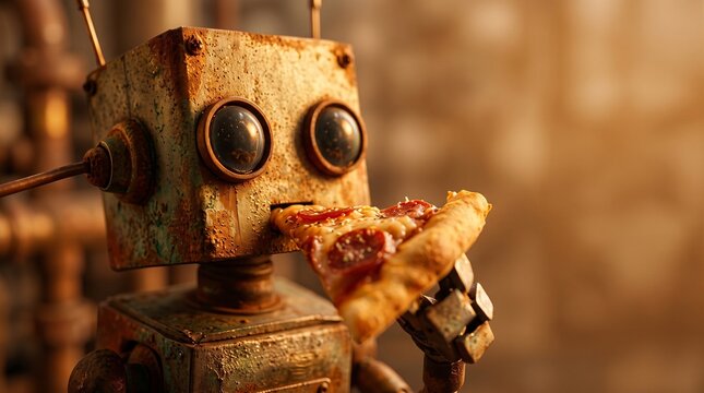 Rusty vintage metal robot eating a slice of pepperoni pizza