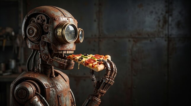 Rusty vintage steampunk robot eating a slice of pepperoni pizza