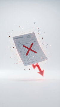 Financial report credit decline concept shows rejected document with red downward arrow and shattered paper in clean studio scene