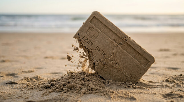 Sand credit card buried in beach sand while financial report shows decline