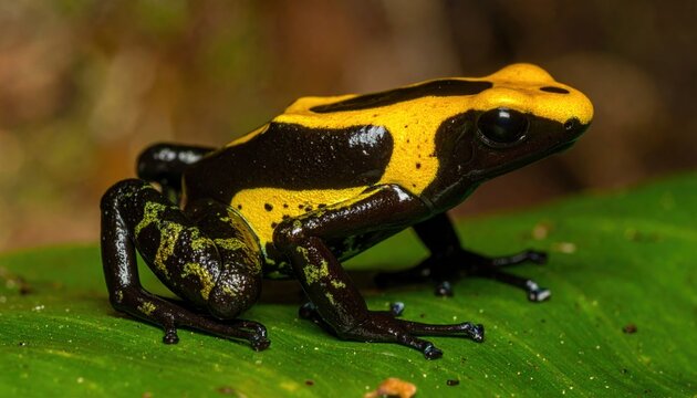 Poison dart frog with yellow back and black legs, detailed tropical rainforest amphibian