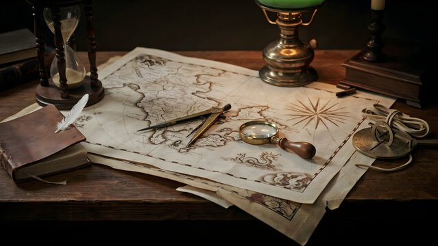 Ancient Exploration Map with Telescope Compass Hourglass and Writing Instruments