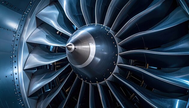 Aircraft jet engine with detailed fan blades, professional aerospace engineering photography