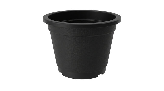 Black plastic flower pot for gardening, empty matte nursery planter for indoor plants, durable horticultural container for home decor isolated PNG with Transparent Background
