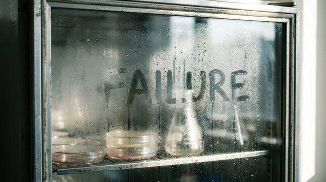 Failure glass laboratory window condensation healthcare innovation spending experiment failure written foggy laboratory glass with equipment behind