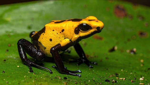 Poison dart frog with yellow back and black legs, detailed tropical rainforest amphibian