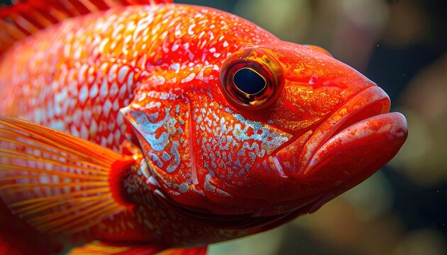 Red devil cichlid fish portrait with vivid coloration and detailed scales