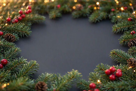 Christmas pine branch frame background with red berries pine cones fairy lights and copy space on dark slate