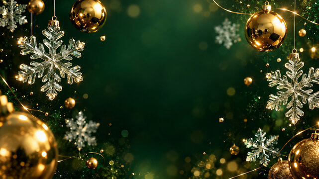 Elegant Christmas background with hanging glass snowflakes and gold baubles on dark emerald green bokeh with copy space
