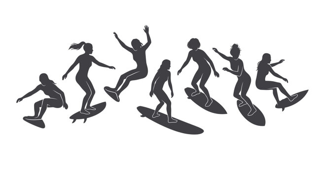Female surfers silhouettes demonstrating diverse surfing poses isolated on white background for creative design projects