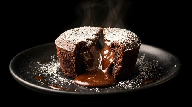 Dark chocolate lava cake cut open, molten chocolate center flowing slowly, powdered sugar dusted on top, isolated on pure black background, dramatic warm single spotlight, chocolate pool forming on pl