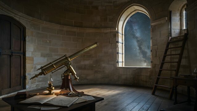 Vintage telescope and open book inside stone observatory with large arched window