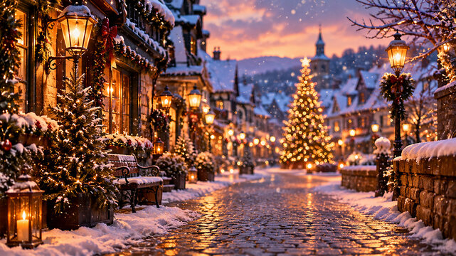 Snowy winter cobblestone street in cozy European town at dusk with glowing Christmas tree and lantern lights