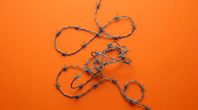 Sharp metallic barbed wire coils arranged artistically on a vibrant plain orange studio background surface