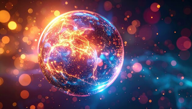 Luminous magical orb surrounded by glowing particles and bokeh, fantasy energy sphere