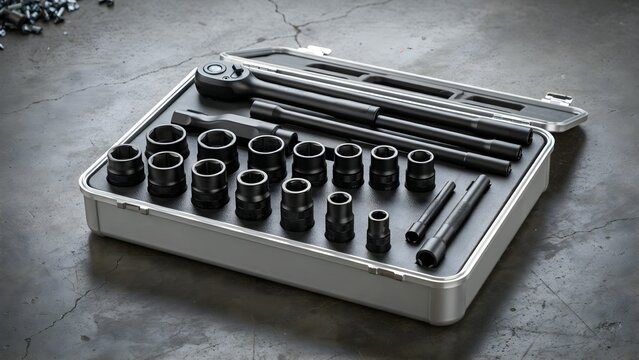 Professional adjustable wrench set with socket attachments and ratchet tool on concrete surface