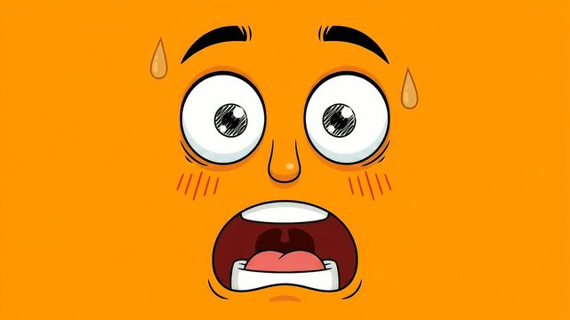 Scared and shocked cartoon face illustration with wide eyes and sweat drops on orange background