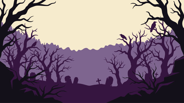 A spooky halloween background vector featuring silhouettes of bare trees in a dark forest perfect for your holiday graphic design