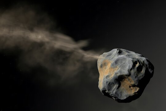 Asteroid in deep space emitting a trail of dust and gas