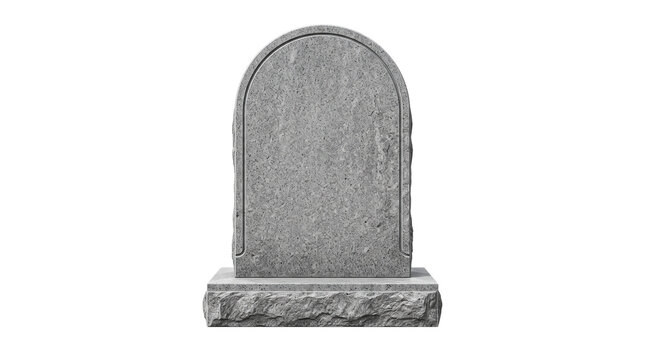 Blank granite tombstone with arched top, gray stone headstone for cemetery memorial, weathered marble grave marker for funeral isolated PNG with Transparent Background