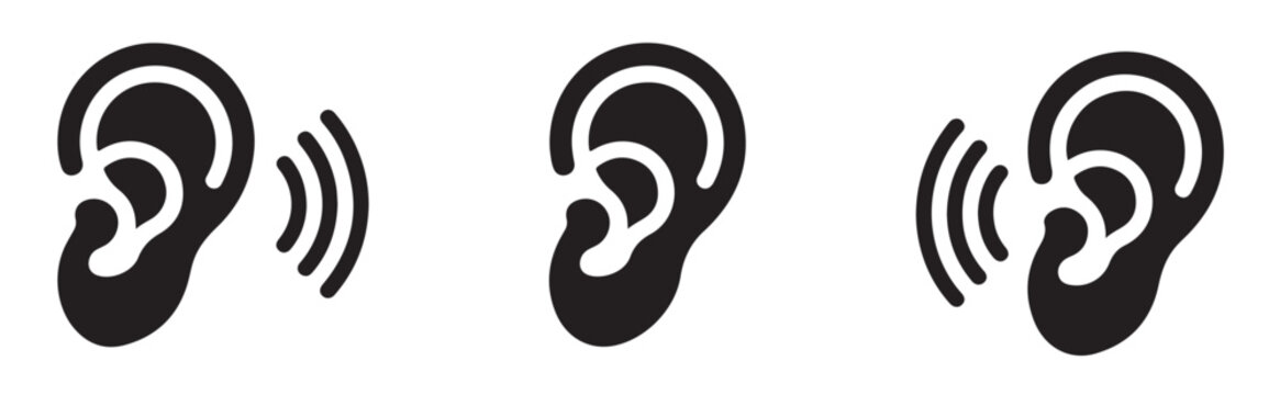 Hearing sense flat icons set showing stylized black ears with sound wave vibrations for medical diagnostics usage.