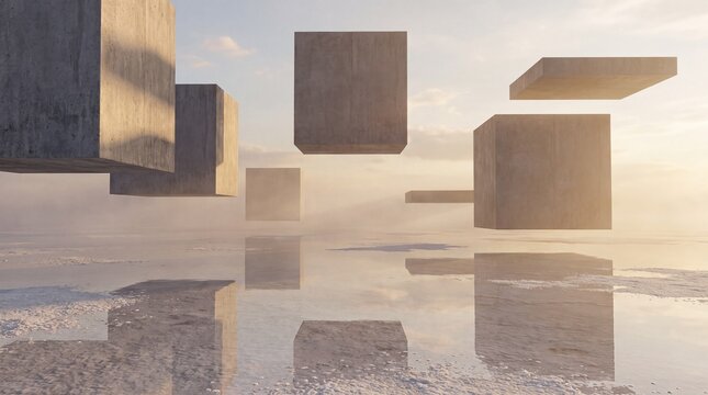 Surreal minimalist architectural landscape with floating geometric concrete monoliths over reflective salt flats