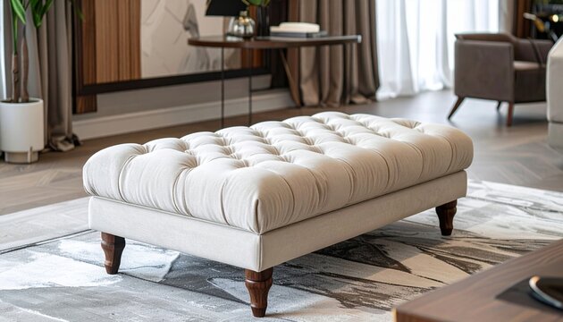 Tufted ottoman with wooden legs in an elegant contemporary interior