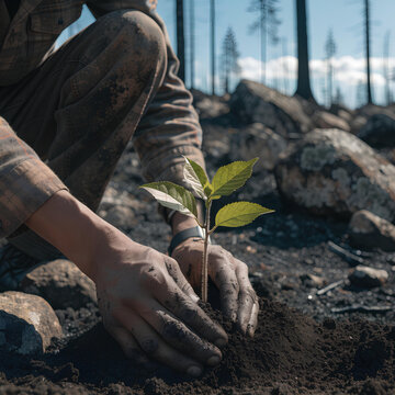 Hands planting green sapling in charred forest soil
