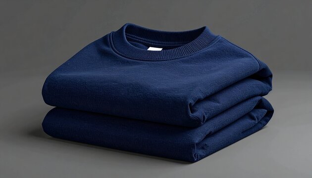 Folded navy blue cotton sweatshirt, neatly stacked garment with realistic textile texture, retail clothing presentation