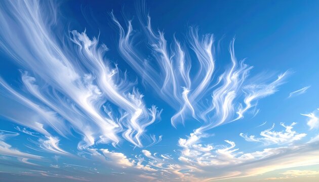 Wispy cirrus white clouds stretching across a bright blue sky, delicate atmospheric texture