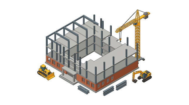 Isometric building construction site with crane, bulldozer, excavator, and unfinished structure on transparent background