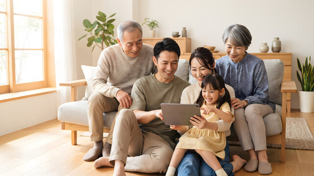 Happy multigenerational family using a tablet together at home