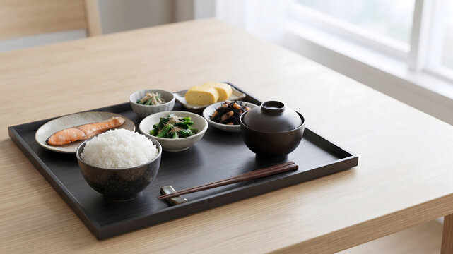 Traditional Japanese meal with rice miso soup and grilled salmon