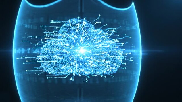 A glowing shield forms around a digital cloud in a clean cybersecurity and data protection concept.