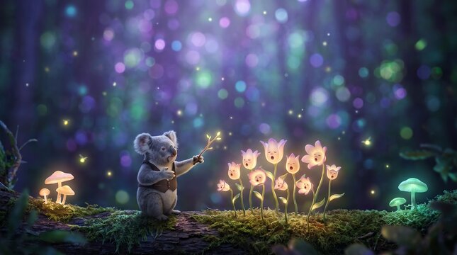 Enchanting koala orchestrating a glowing flower symphony in a magical, starry forest illuminated by fireflies