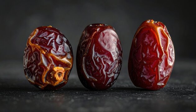 Three fresh Medjool dates arranged naturally against a dark background