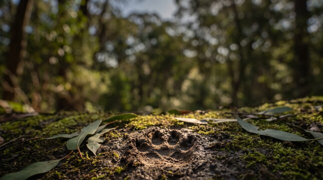Fresh koala paw print pressed deeply into damp forest soil surrounded by green moss and eucalyptus leaves with blurred trees in background