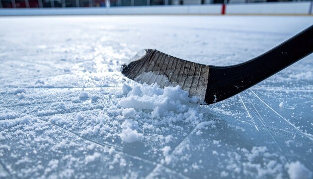 Broken hockey stick blade on an ice hockey rink, sports equipment concept
