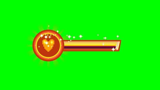 A premium 16-bit pixel art animation of a classic RPG health bar filling up and bursting into a pure gold frame. Features a beating heart anchor, golden starburst particles, and a textless universal d