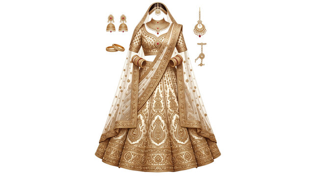 Traditional gold lehenga choli with bridal jewelry, ornate Indian wedding dress set, luxury ethnic bridal wear with embroidery isolated PNG with Transparent Background