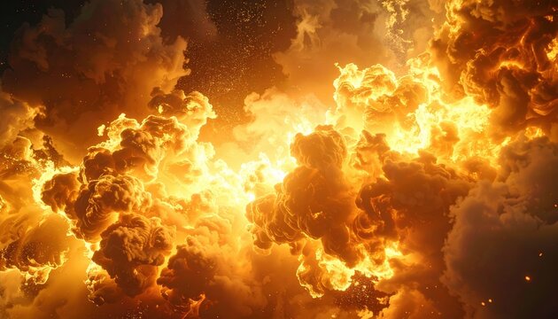 Golden fire smoke cloud with explosive energy effect, intense cinematic special effects