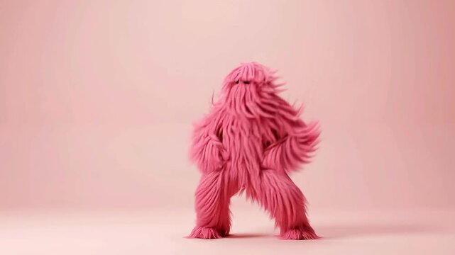 Funny Pink Fuzzy Monster Character Dancing on Pink Background